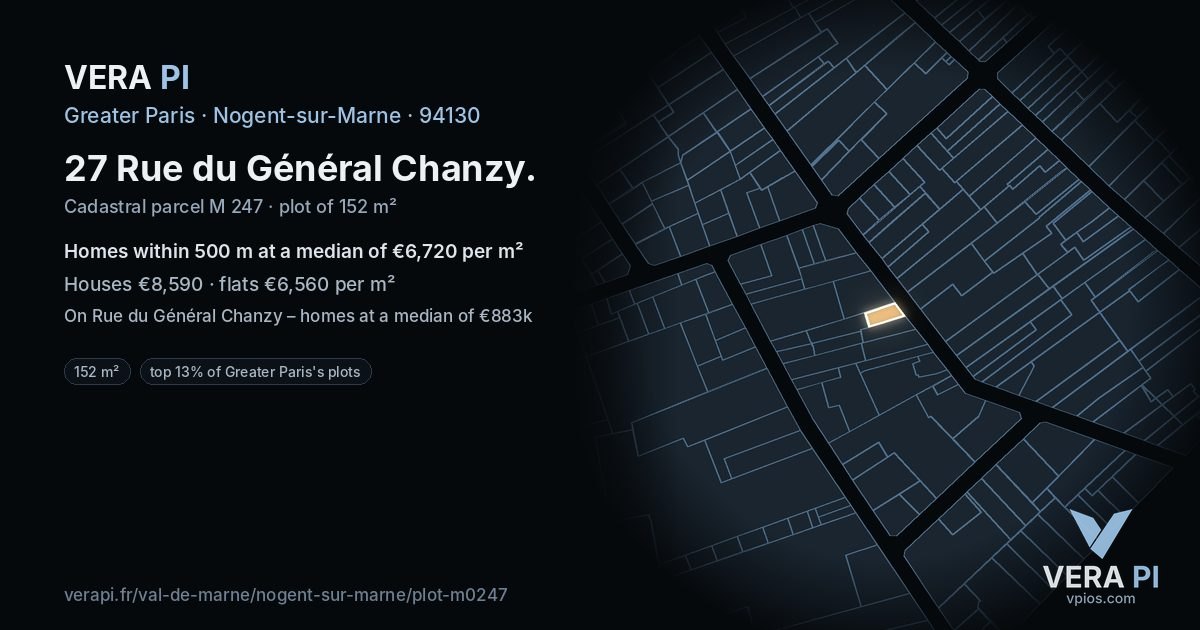27 Rue du Général Chanzy, Nogent-sur-Marne at night – the plot lit, the parcels around coloured by the prices near them