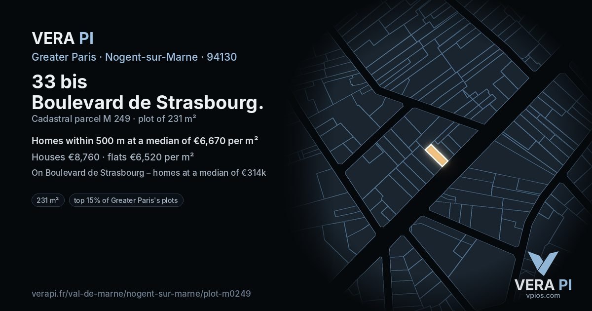 33 bis Boulevard de Strasbourg, Nogent-sur-Marne at night – the plot lit, the parcels around coloured by the prices near them