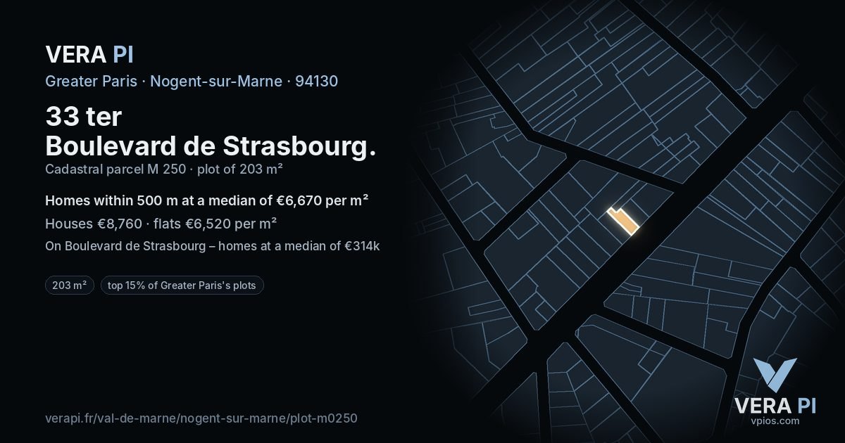 33 ter Boulevard de Strasbourg, Nogent-sur-Marne at night – the plot lit, the parcels around coloured by the prices near them