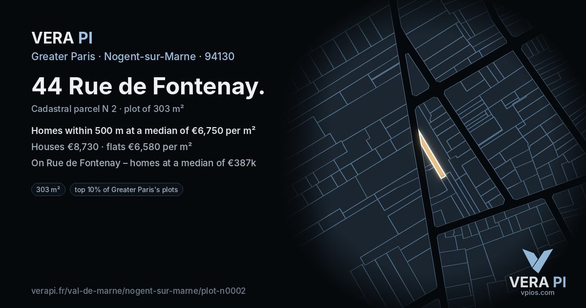 44 Rue de Fontenay, Nogent-sur-Marne at night – the plot lit, the parcels around coloured by the prices near them