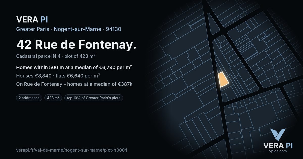 42 Rue de Fontenay, Nogent-sur-Marne at night – the plot lit, the parcels around coloured by the prices near them