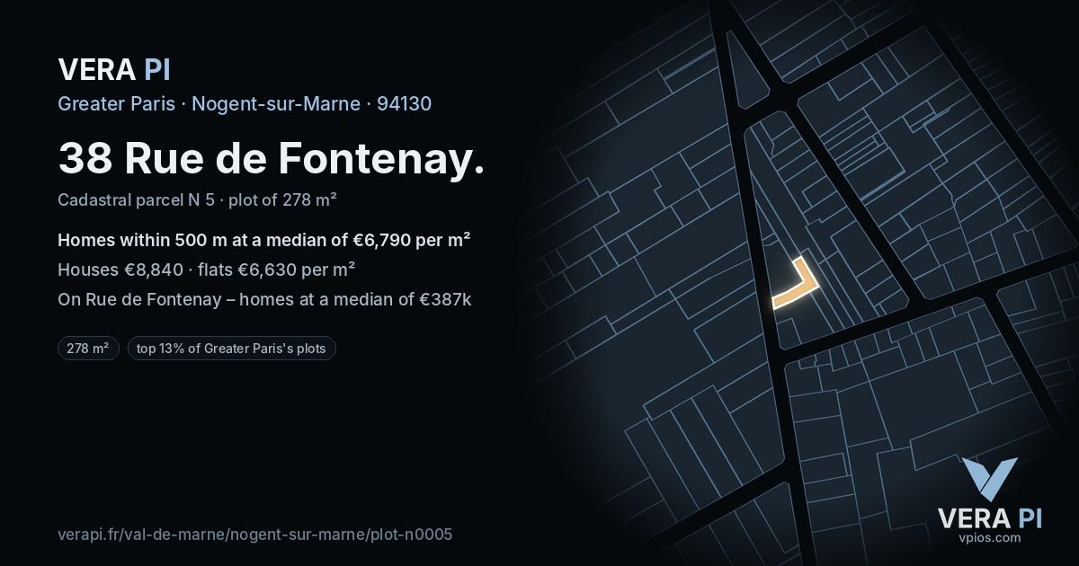 38 Rue de Fontenay, Nogent-sur-Marne at night – the plot lit, the parcels around coloured by the prices near them