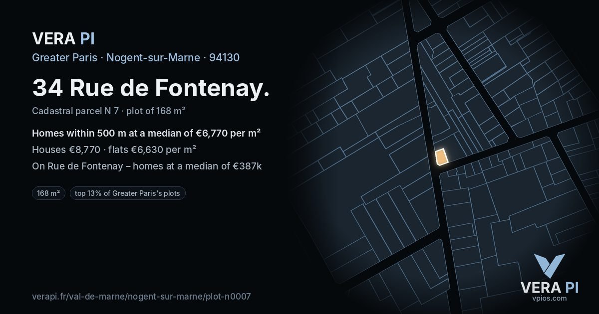 34 Rue de Fontenay, Nogent-sur-Marne at night – the plot lit, the parcels around coloured by the prices near them