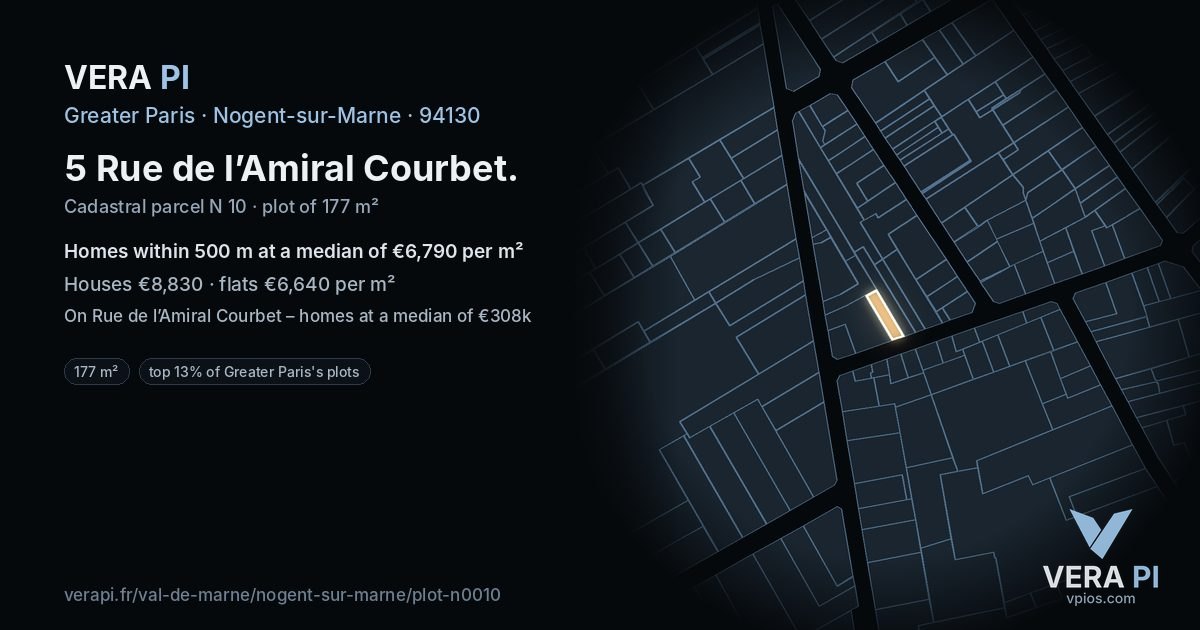 5 Rue de l’Amiral Courbet, Nogent-sur-Marne at night – the plot lit, the parcels around coloured by the prices near them