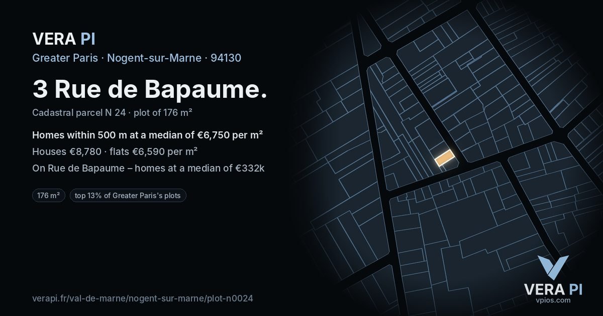 3 Rue de Bapaume, Nogent-sur-Marne at night – the plot lit, the parcels around coloured by the prices near them