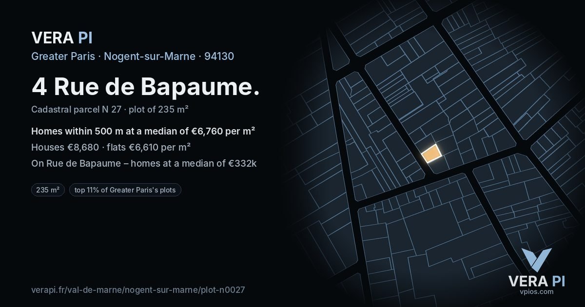 4 Rue de Bapaume, Nogent-sur-Marne at night – the plot lit, the parcels around coloured by the prices near them