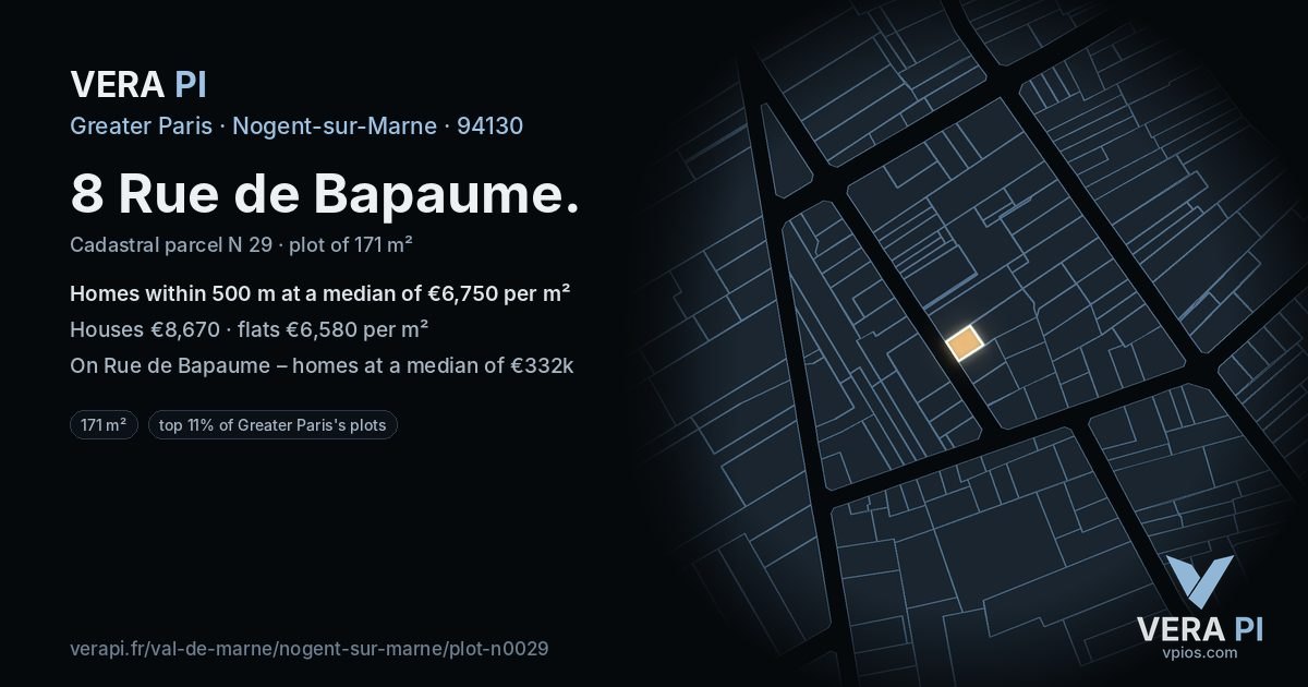 8 Rue de Bapaume, Nogent-sur-Marne at night – the plot lit, the parcels around coloured by the prices near them