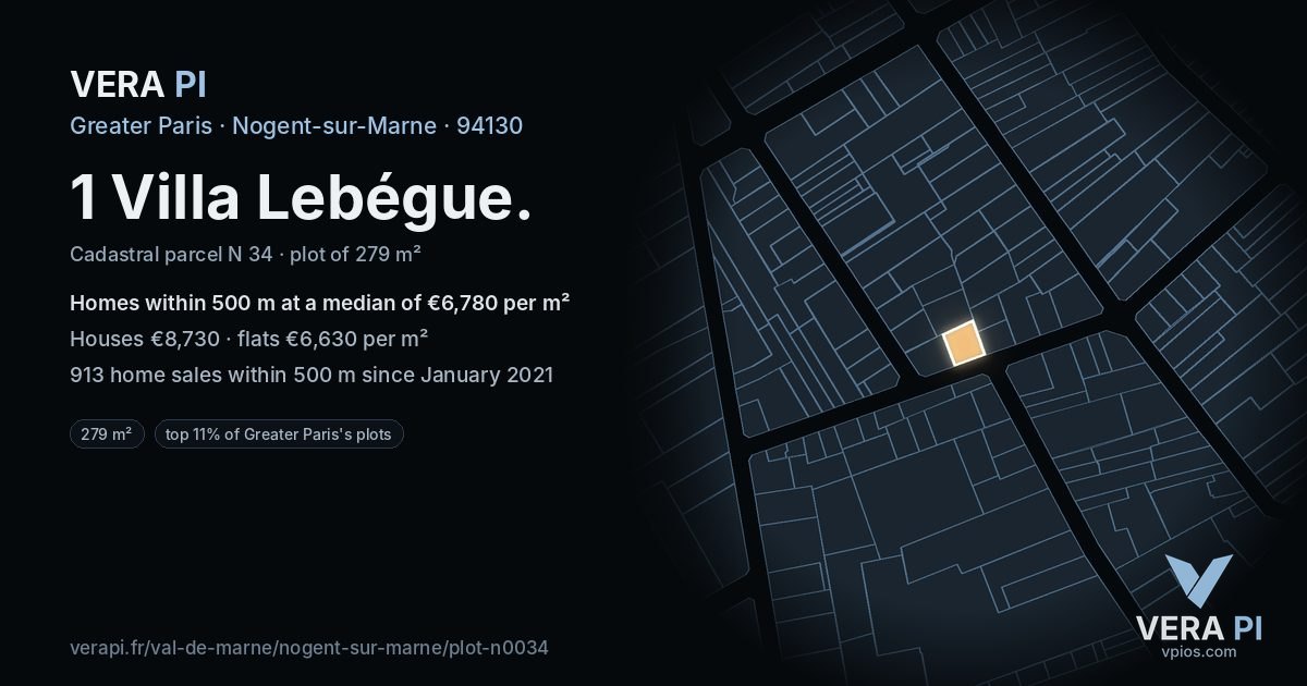 1 Villa Lebégue, Nogent-sur-Marne at night – the plot lit, the parcels around coloured by the prices near them