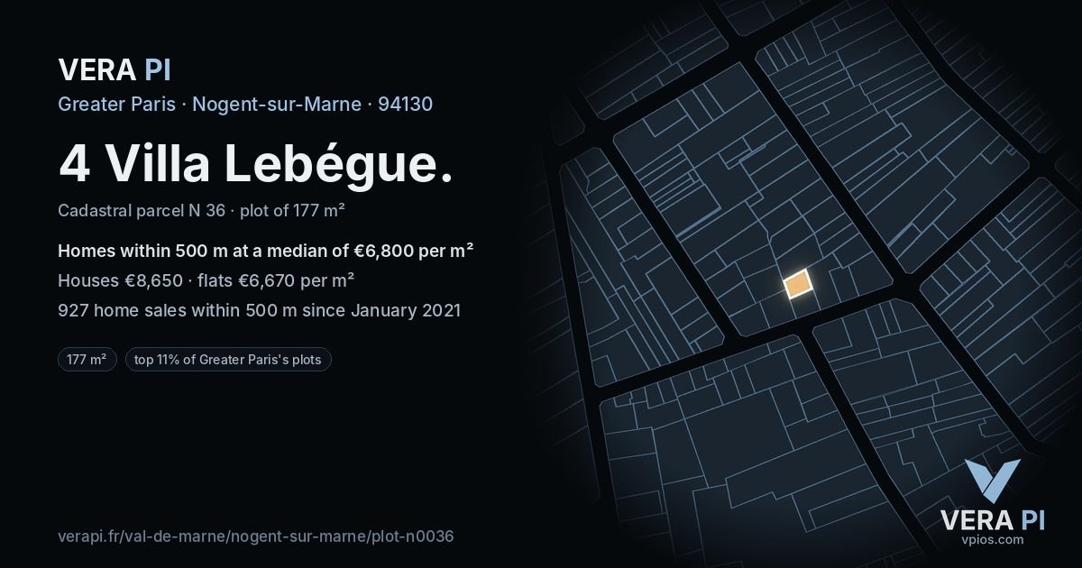 4 Villa Lebégue, Nogent-sur-Marne at night – the plot lit, the parcels around coloured by the prices near them