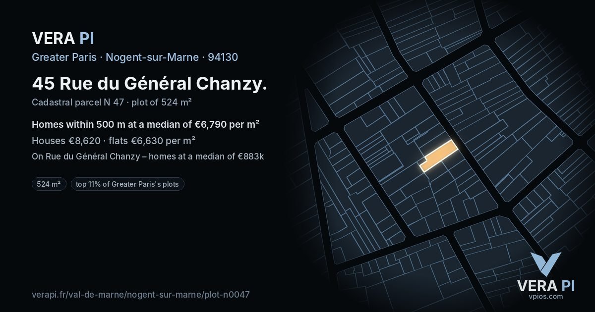 45 Rue du Général Chanzy, Nogent-sur-Marne at night – the plot lit, the parcels around coloured by the prices near them