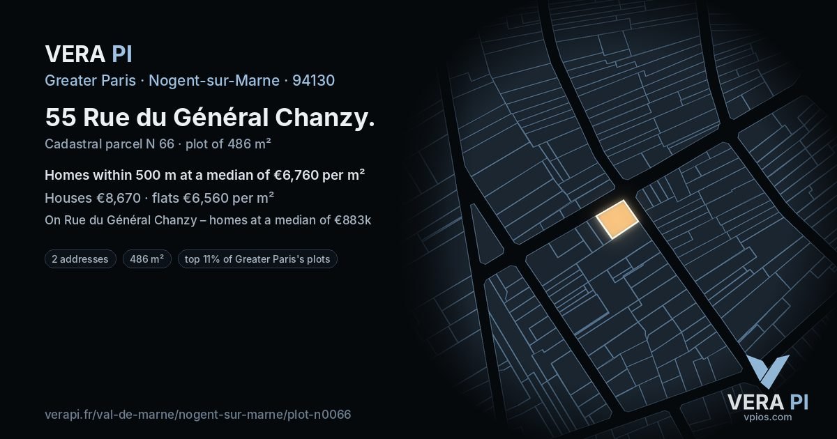 55 Rue du Général Chanzy, Nogent-sur-Marne at night – the plot lit, the parcels around coloured by the prices near them