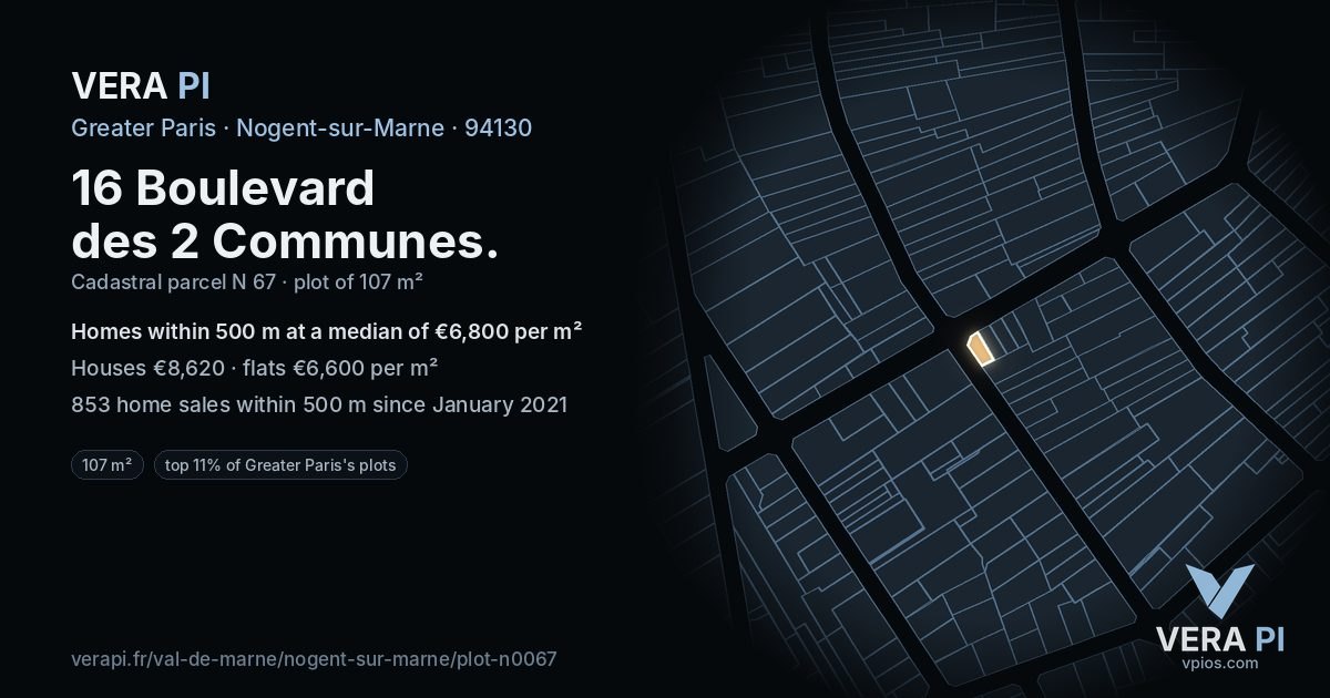 16 Boulevard des 2 Communes, Nogent-sur-Marne at night – the plot lit, the parcels around coloured by the prices near them