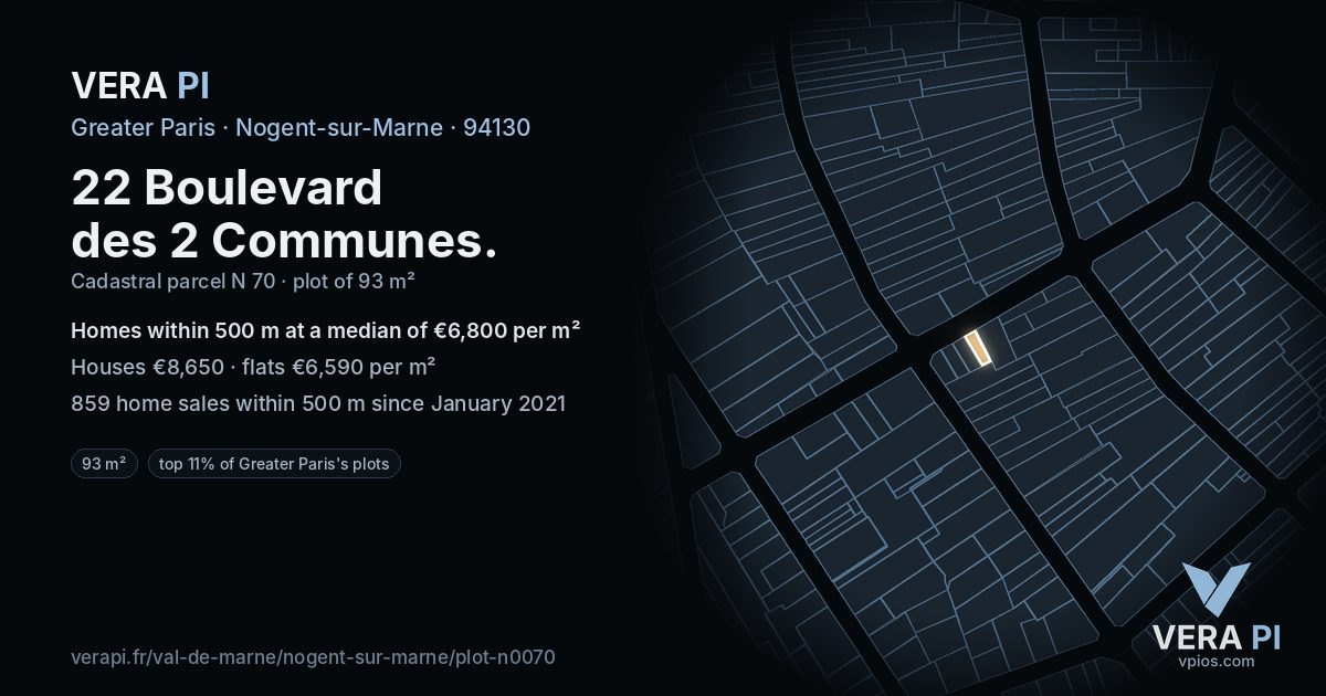 22 Boulevard des 2 Communes, Nogent-sur-Marne at night – the plot lit, the parcels around coloured by the prices near them