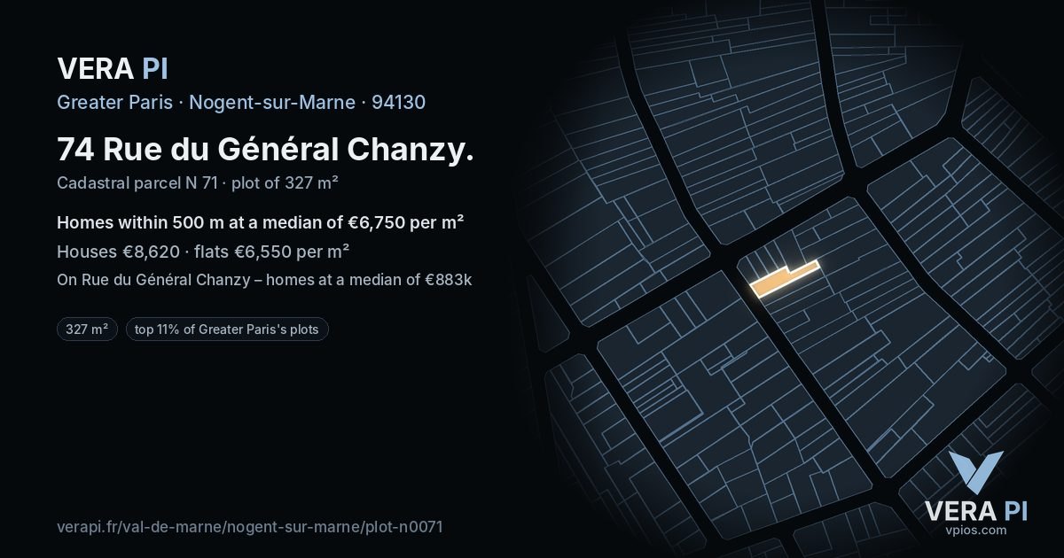 74 Rue du Général Chanzy, Nogent-sur-Marne at night – the plot lit, the parcels around coloured by the prices near them