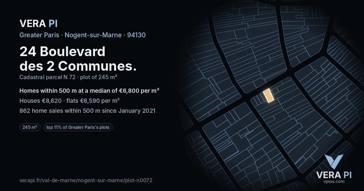 24 Boulevard des 2 Communes, Nogent-sur-Marne at night – the plot lit, the parcels around coloured by the prices near them