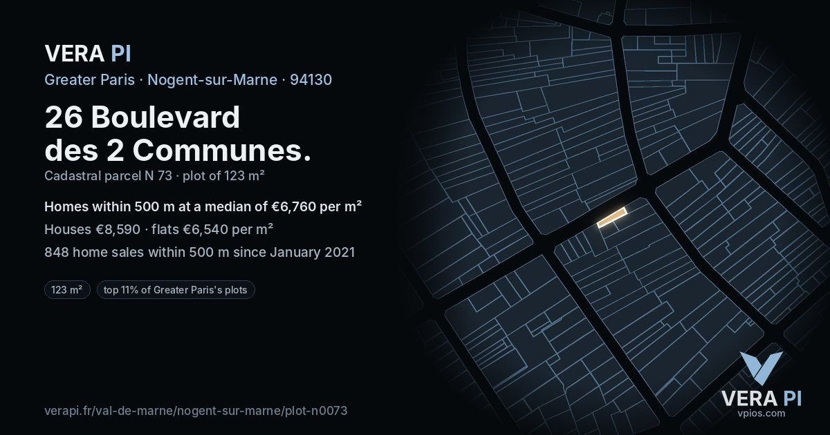 26 Boulevard des 2 Communes, Nogent-sur-Marne at night – the plot lit, the parcels around coloured by the prices near them