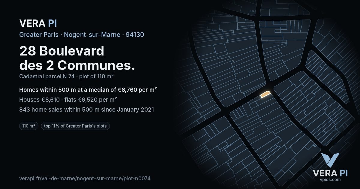 28 Boulevard des 2 Communes, Nogent-sur-Marne at night – the plot lit, the parcels around coloured by the prices near them