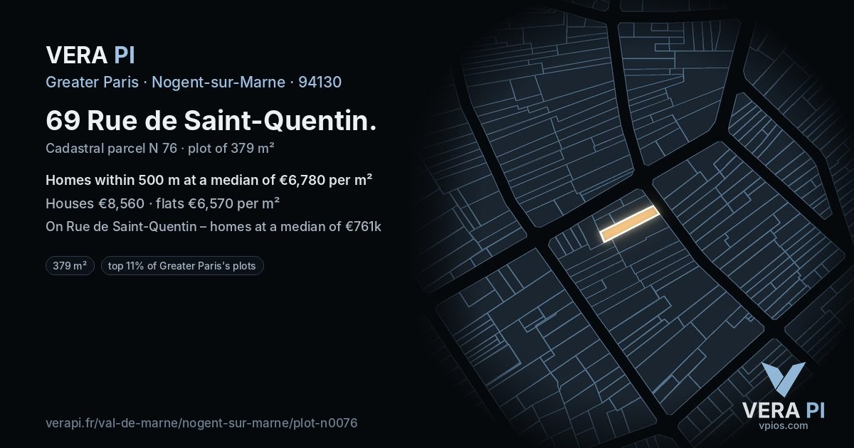 69 Rue de Saint-Quentin, Nogent-sur-Marne at night – the plot lit, the parcels around coloured by the prices near them