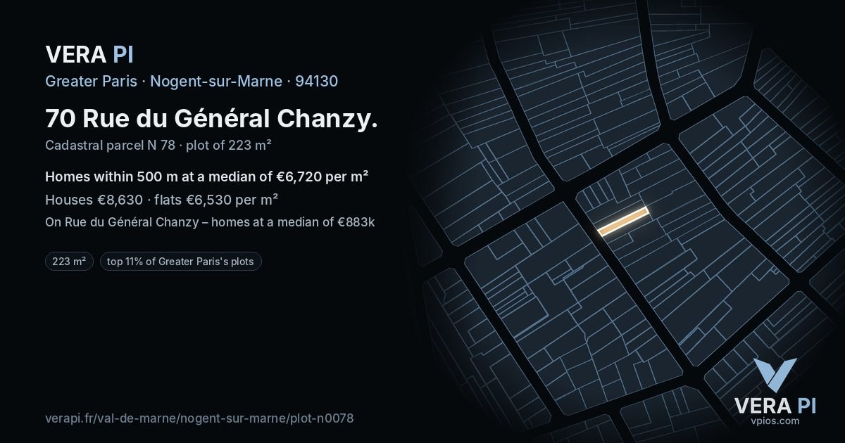 70 Rue du Général Chanzy, Nogent-sur-Marne at night – the plot lit, the parcels around coloured by the prices near them