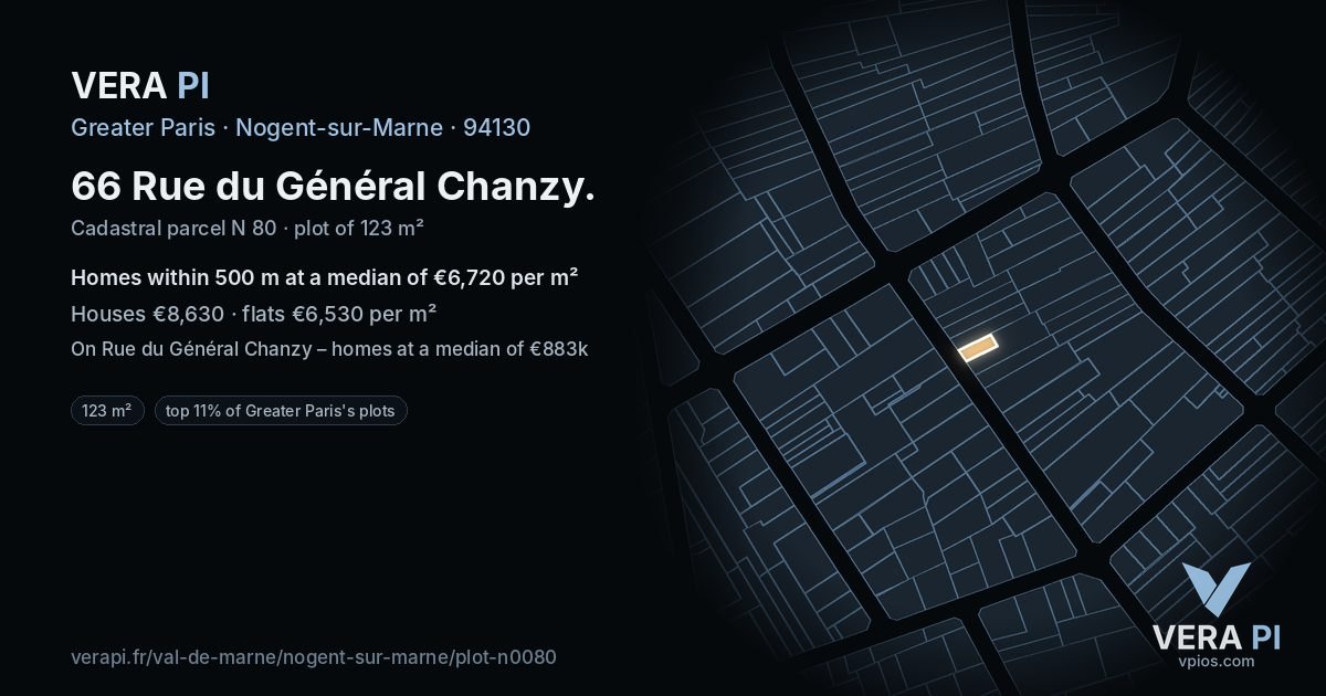 66 Rue du Général Chanzy, Nogent-sur-Marne at night – the plot lit, the parcels around coloured by the prices near them