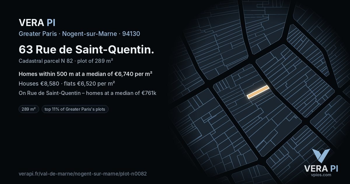 63 Rue de Saint-Quentin, Nogent-sur-Marne at night – the plot lit, the parcels around coloured by the prices near them
