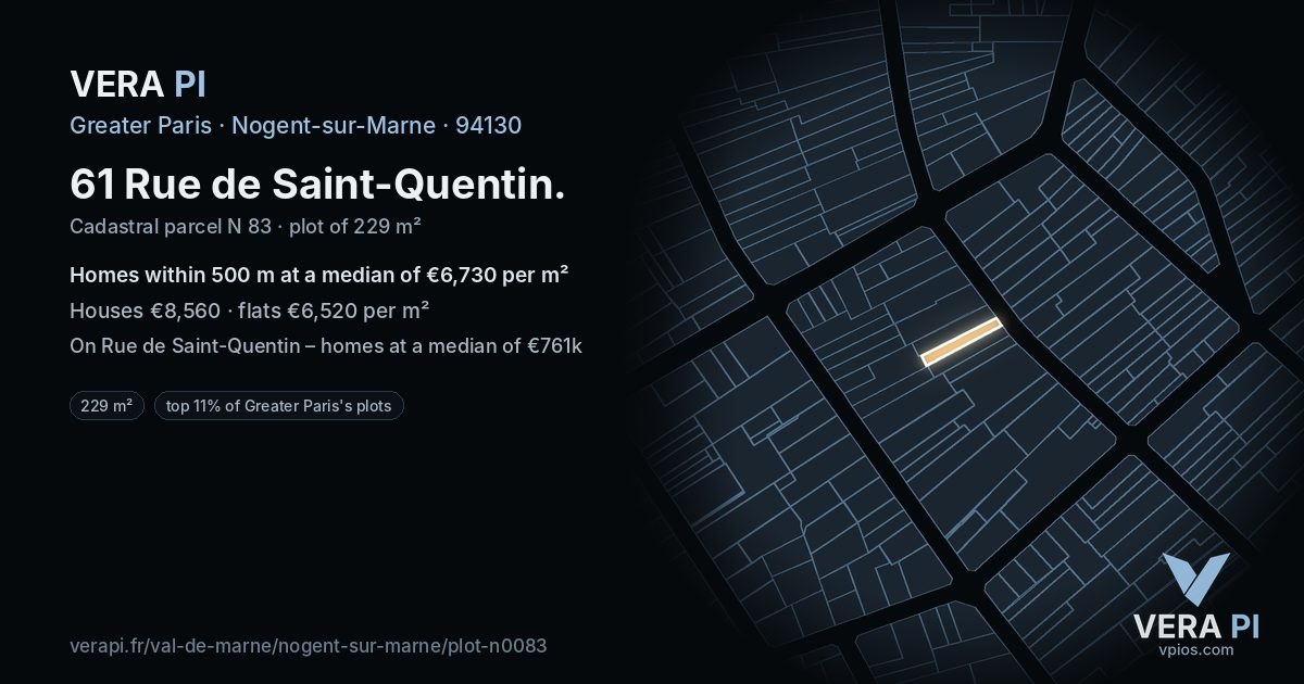 61 Rue de Saint-Quentin, Nogent-sur-Marne at night – the plot lit, the parcels around coloured by the prices near them