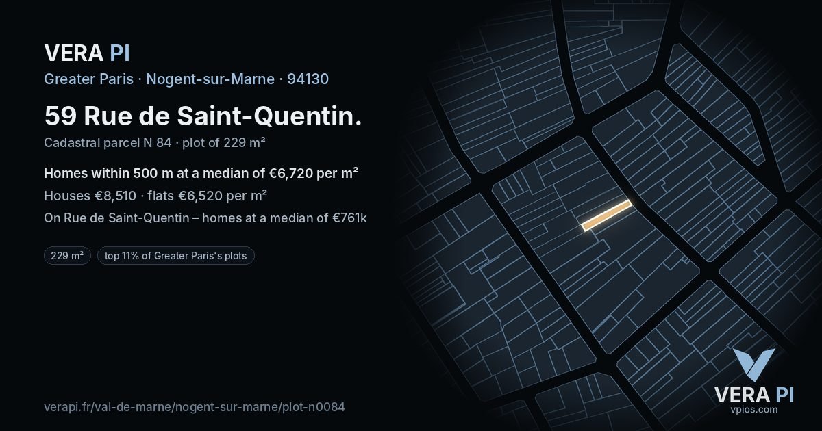 59 Rue de Saint-Quentin, Nogent-sur-Marne at night – the plot lit, the parcels around coloured by the prices near them