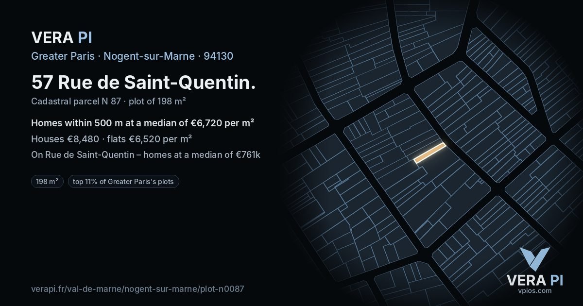 57 Rue de Saint-Quentin, Nogent-sur-Marne at night – the plot lit, the parcels around coloured by the prices near them