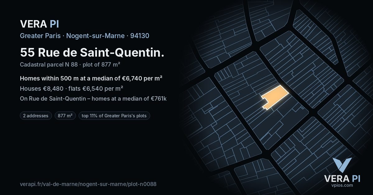 55 Rue de Saint-Quentin, Nogent-sur-Marne at night – the plot lit, the parcels around coloured by the prices near them