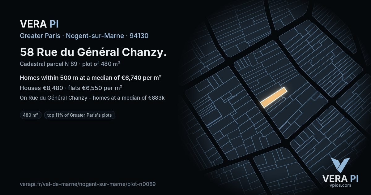 58 Rue du Général Chanzy, Nogent-sur-Marne at night – the plot lit, the parcels around coloured by the prices near them
