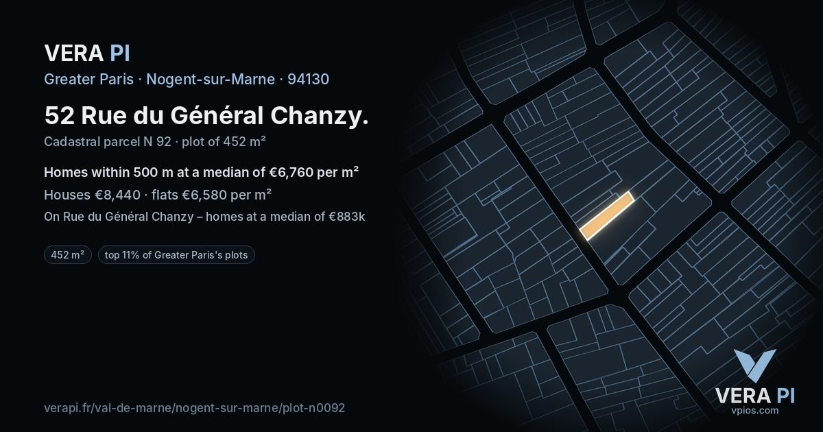 52 Rue du Général Chanzy, Nogent-sur-Marne at night – the plot lit, the parcels around coloured by the prices near them
