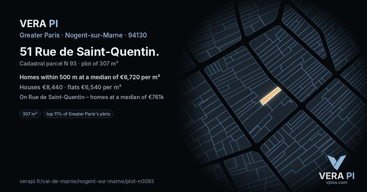 51 Rue de Saint-Quentin, Nogent-sur-Marne at night – the plot lit, the parcels around coloured by the prices near them