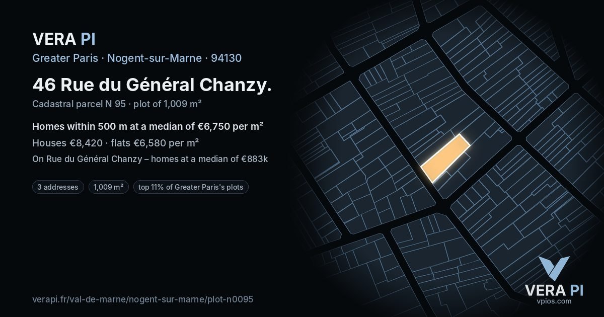 46 Rue du Général Chanzy, Nogent-sur-Marne at night – the plot lit, the parcels around coloured by the prices near them