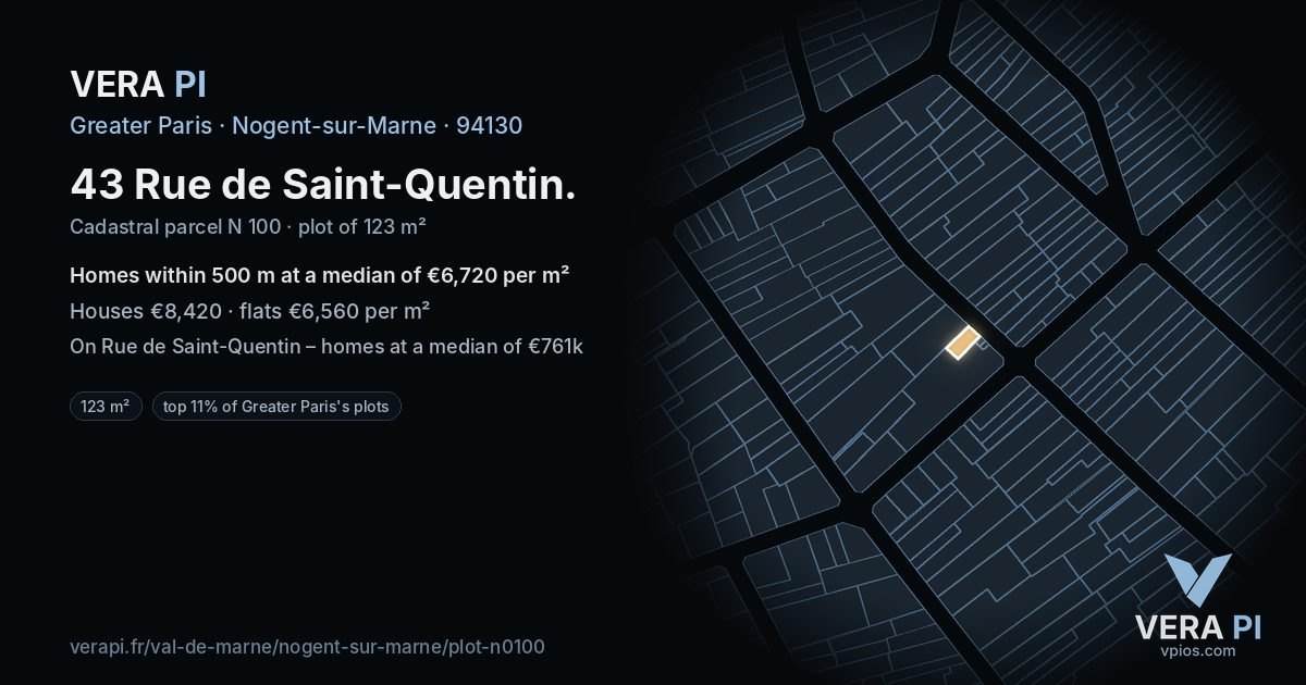 43 Rue de Saint-Quentin, Nogent-sur-Marne at night – the plot lit, the parcels around coloured by the prices near them