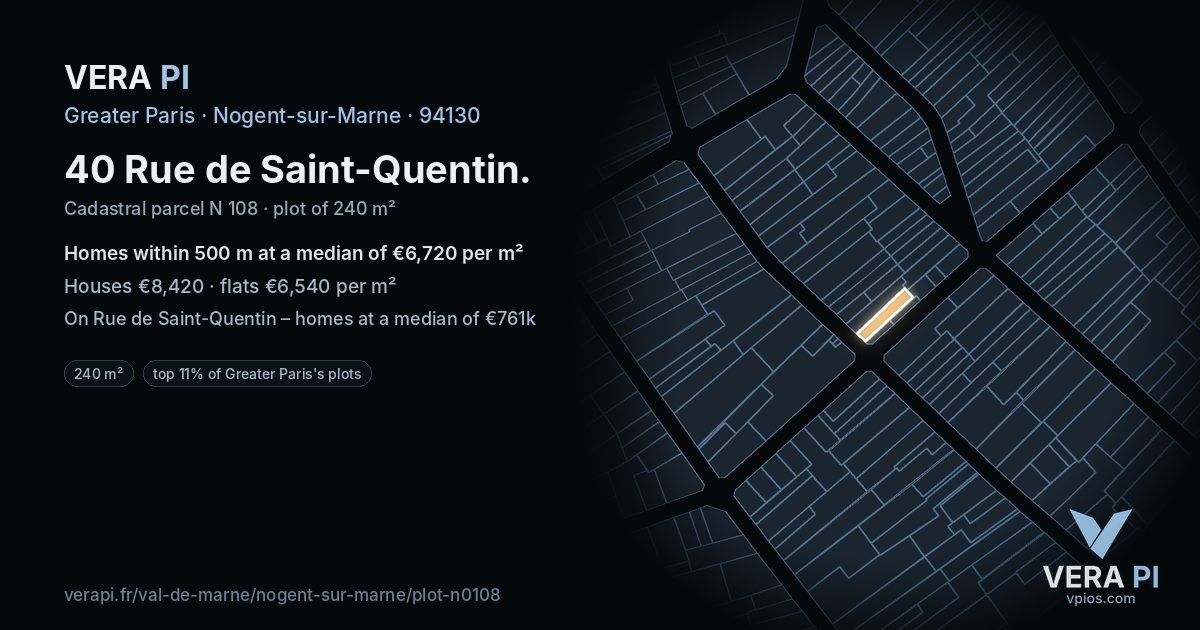 40 Rue de Saint-Quentin, Nogent-sur-Marne at night – the plot lit, the parcels around coloured by the prices near them