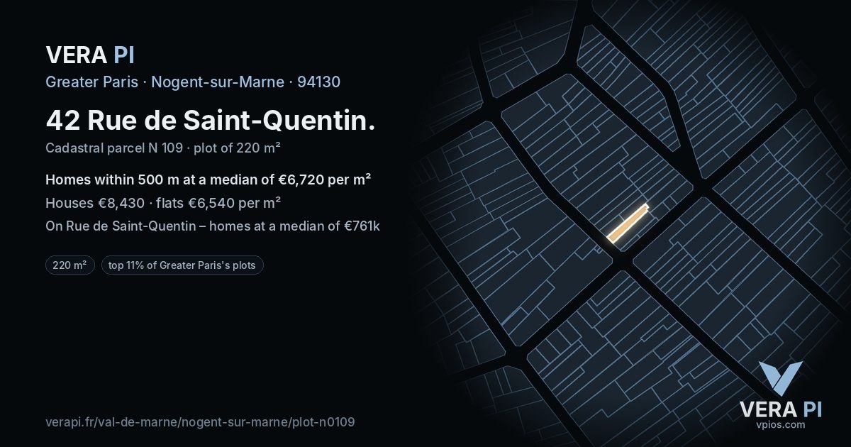 42 Rue de Saint-Quentin, Nogent-sur-Marne at night – the plot lit, the parcels around coloured by the prices near them