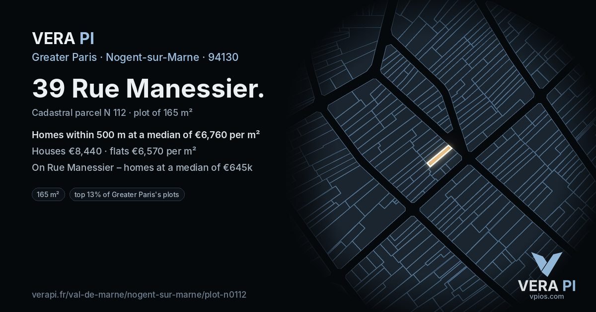 39 Rue Manessier, Nogent-sur-Marne at night – the plot lit, the parcels around coloured by the prices near them