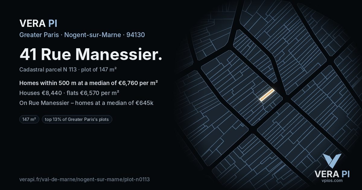 41 Rue Manessier, Nogent-sur-Marne at night – the plot lit, the parcels around coloured by the prices near them