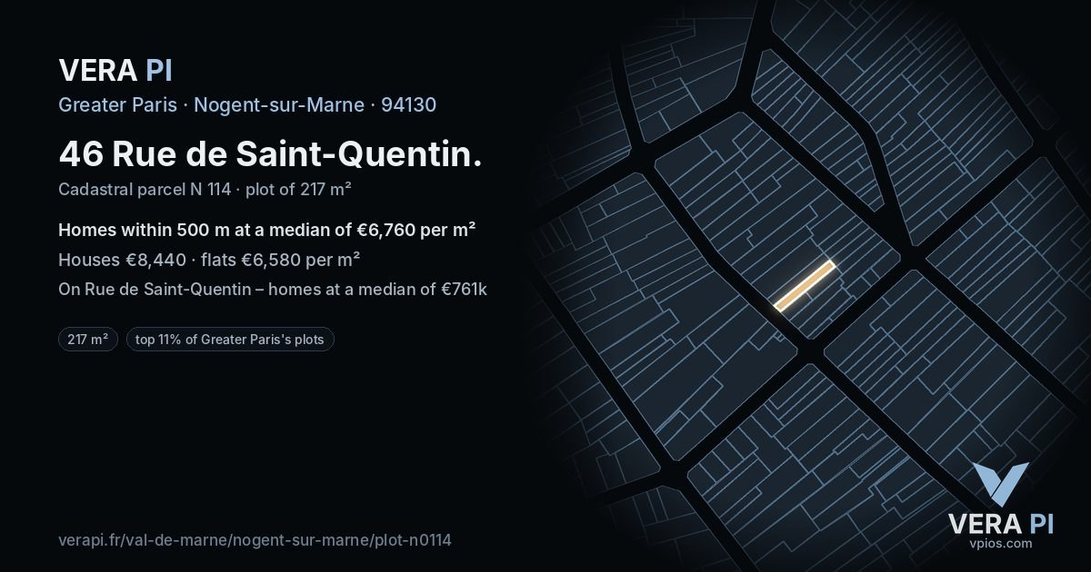 46 Rue de Saint-Quentin, Nogent-sur-Marne at night – the plot lit, the parcels around coloured by the prices near them