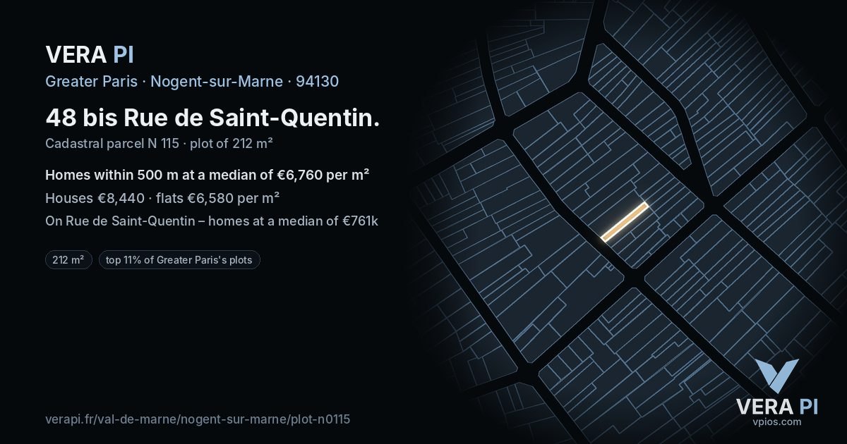 48 bis Rue de Saint-Quentin, Nogent-sur-Marne at night – the plot lit, the parcels around coloured by the prices near them