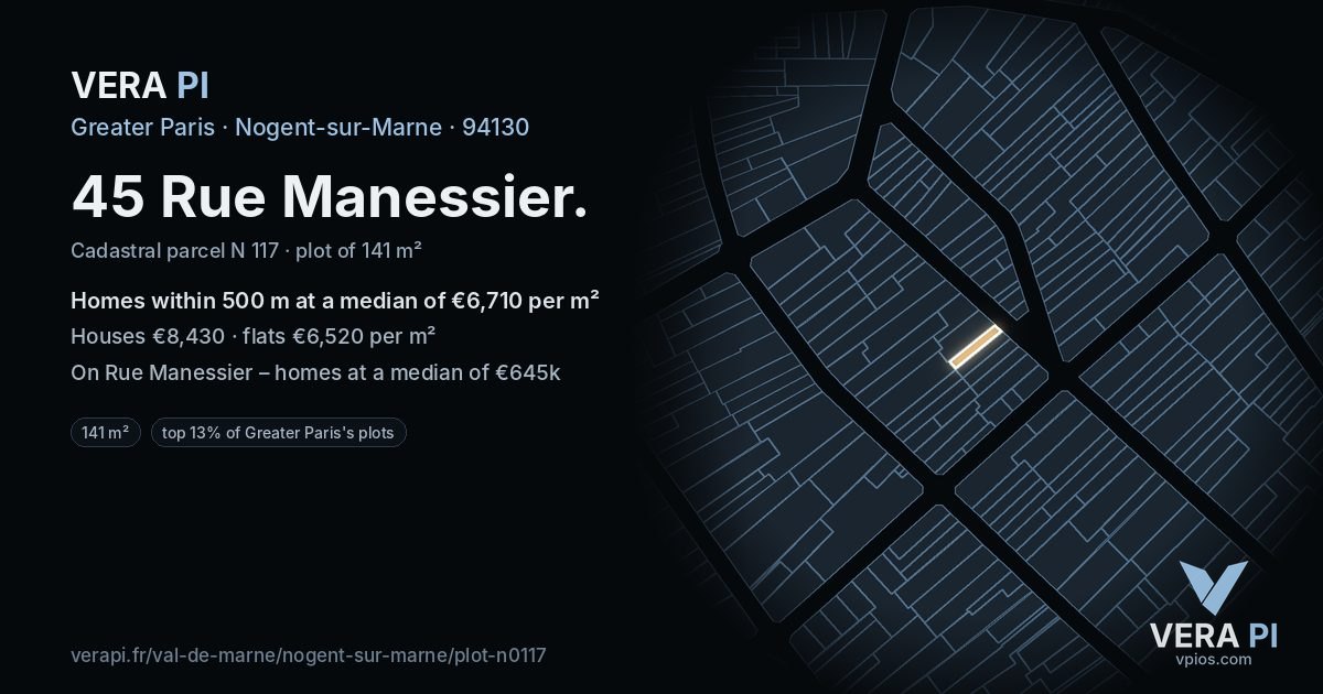 45 Rue Manessier, Nogent-sur-Marne at night – the plot lit, the parcels around coloured by the prices near them