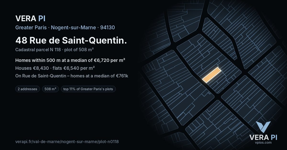 48 Rue de Saint-Quentin, Nogent-sur-Marne at night – the plot lit, the parcels around coloured by the prices near them
