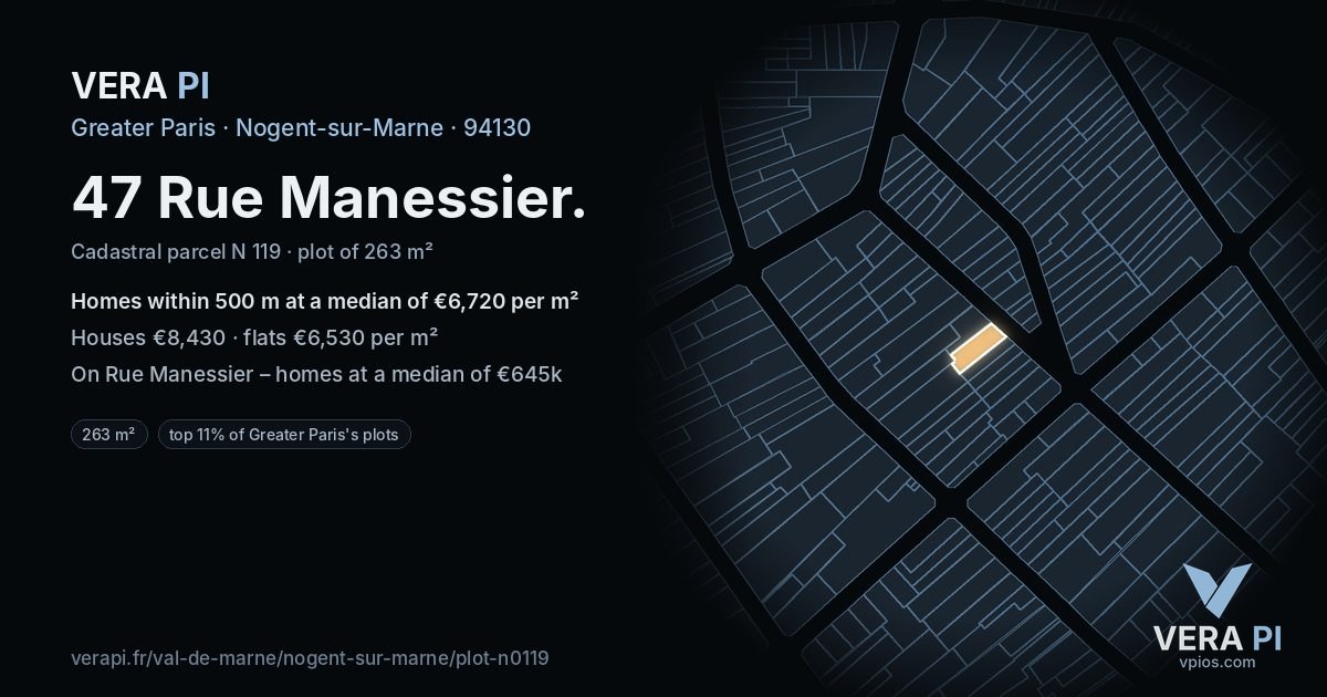 47 Rue Manessier, Nogent-sur-Marne at night – the plot lit, the parcels around coloured by the prices near them