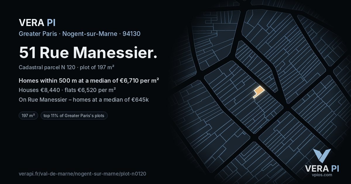 51 Rue Manessier, Nogent-sur-Marne at night – the plot lit, the parcels around coloured by the prices near them