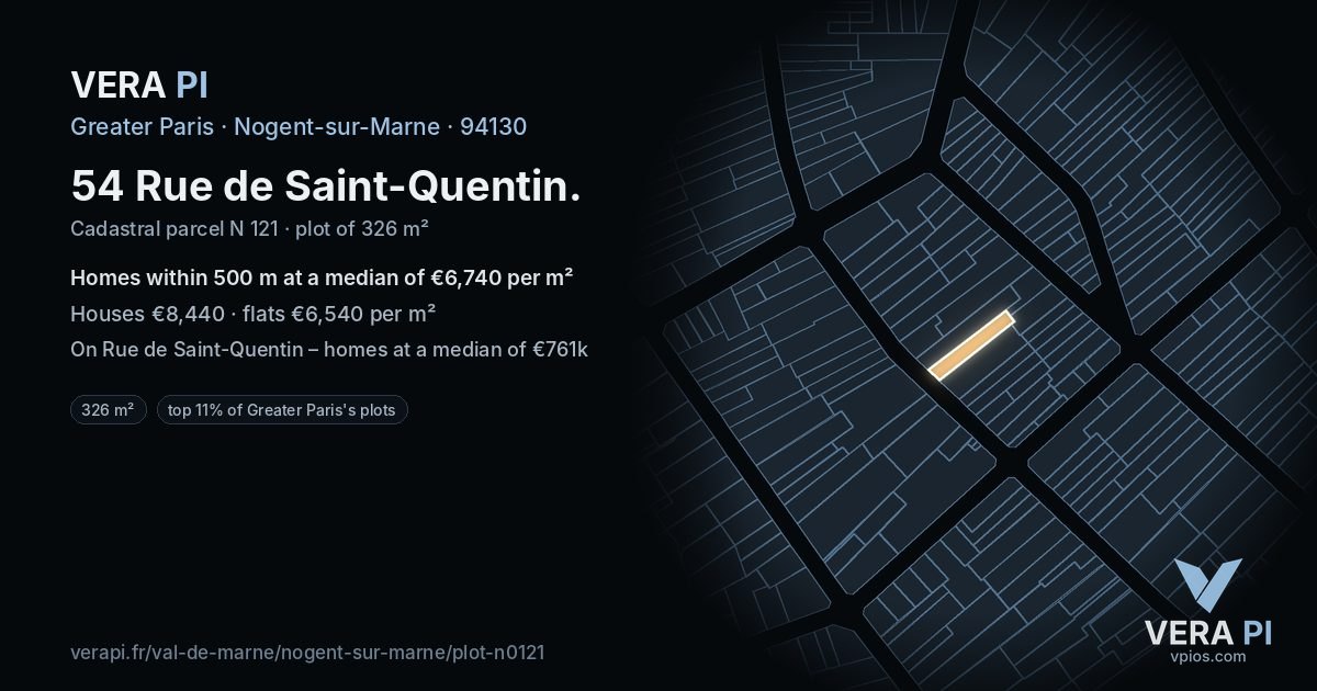 54 Rue de Saint-Quentin, Nogent-sur-Marne at night – the plot lit, the parcels around coloured by the prices near them