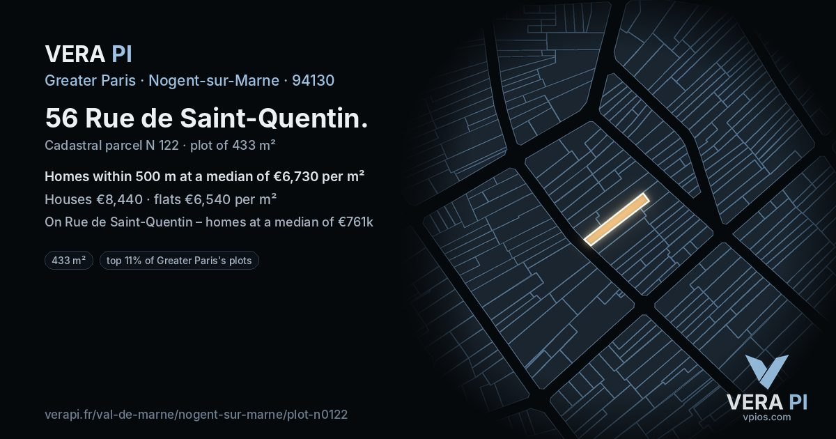 56 Rue de Saint-Quentin, Nogent-sur-Marne at night – the plot lit, the parcels around coloured by the prices near them