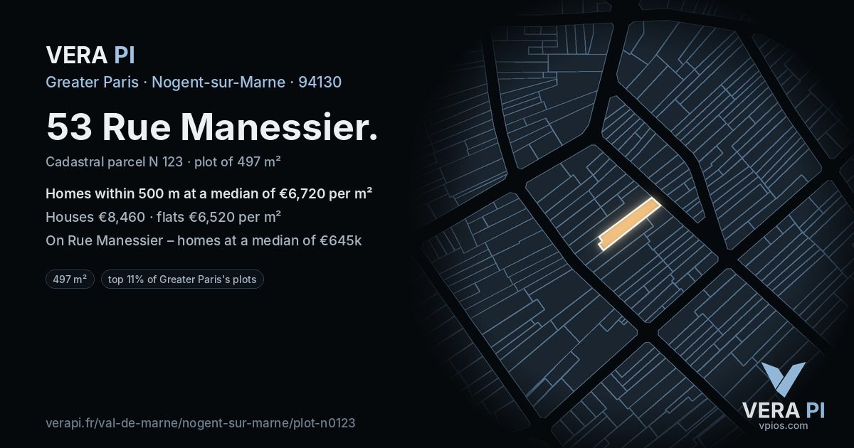 53 Rue Manessier, Nogent-sur-Marne at night – the plot lit, the parcels around coloured by the prices near them