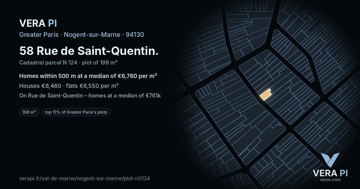 58 Rue de Saint-Quentin, Nogent-sur-Marne at night – the plot lit, the parcels around coloured by the prices near them