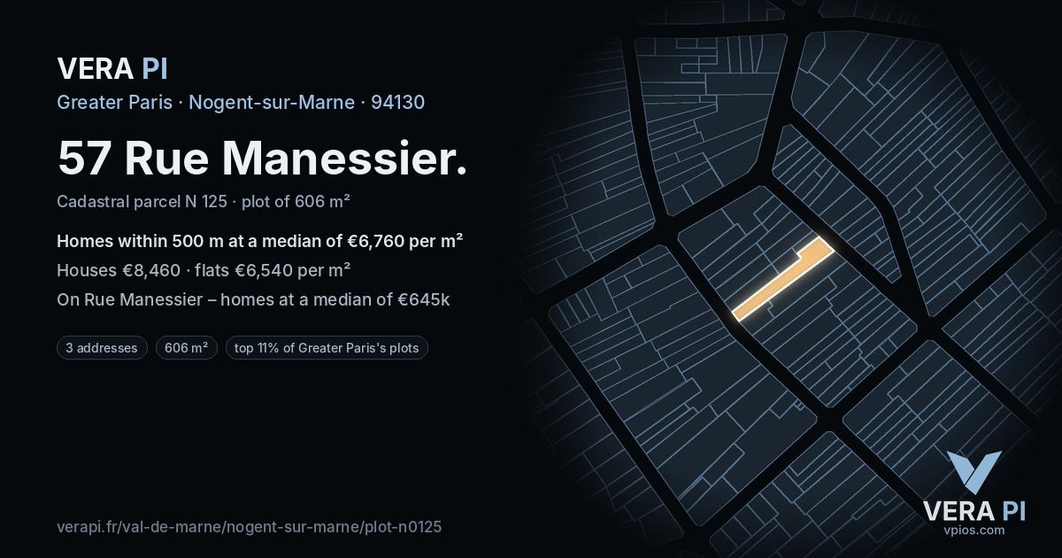 57 Rue Manessier, Nogent-sur-Marne at night – the plot lit, the parcels around coloured by the prices near them