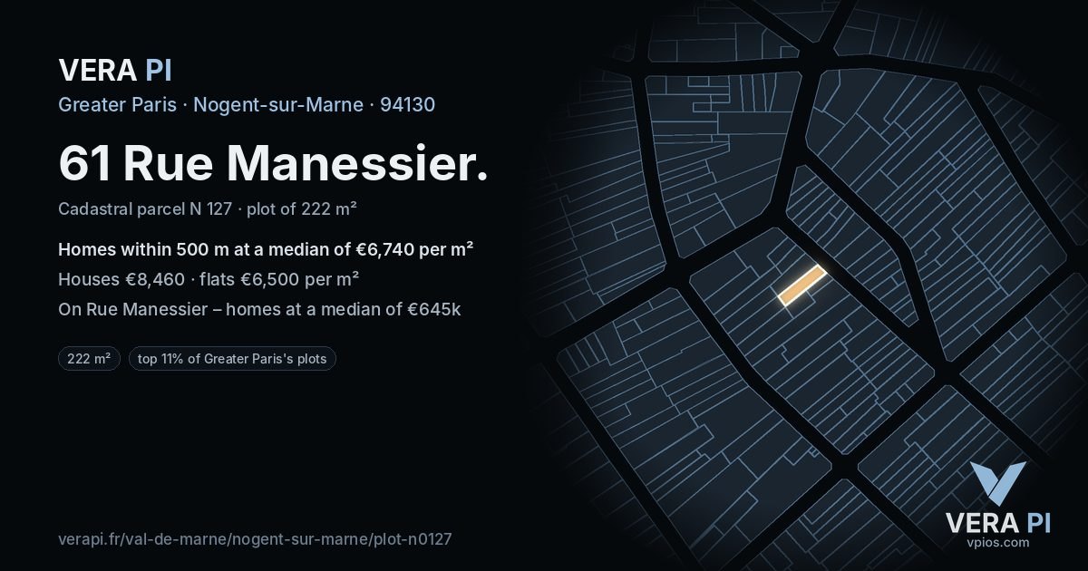 61 Rue Manessier, Nogent-sur-Marne at night – the plot lit, the parcels around coloured by the prices near them
